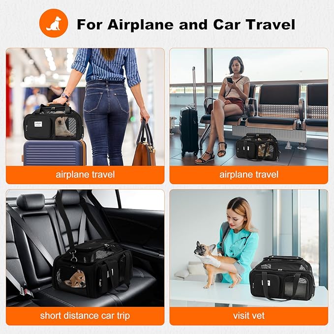 19x13x9 TSA Approved top Expandable pet Carrier for Small Dog Puppy cat up to 10 lbs Weight and 18'' Length, for Southwest Spirit Canada Airlines(Black)