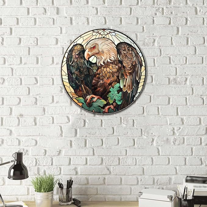 Lygond Metal Sign Tin Sign Circular Stained Glass Vulture Funny Bathroom Decor for Gift 12×12 Inches
