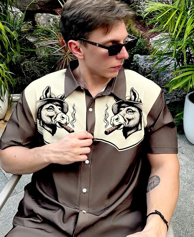 Men’s Hawaiian Shirt Western Cowboy Symmetrical Print Short Sleeve Button Down Casual Beach Holiday Summer Shirt