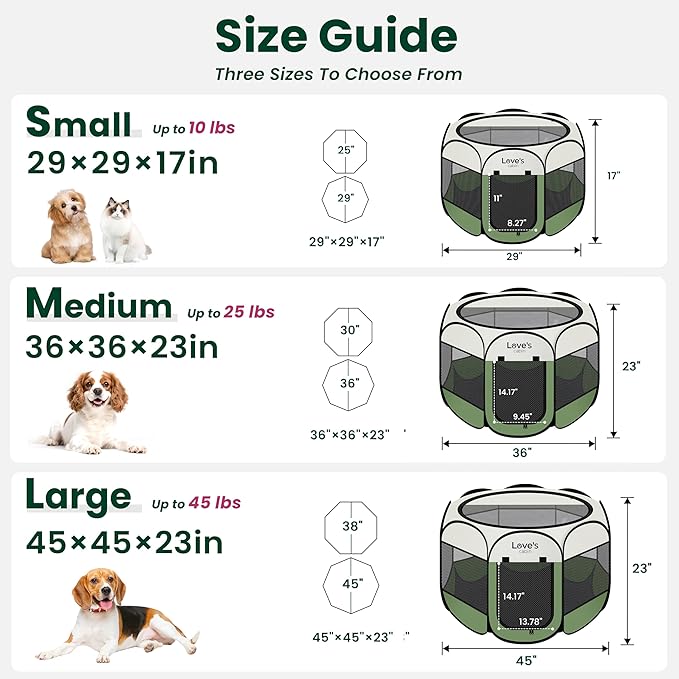 Love's cabin Pet Puppy Dog Playpen, Large Dog Tent Crates Cage Indoor/Outdoor, Portable Playpen for Cat, Foldable Pop Up Dog Kennel Playpen with Carring Case, Removable Zipper Top, Olive Green