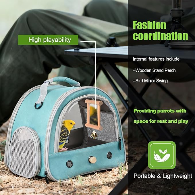 Parrot Travel Cage with Bird Cage Bells Mirror Set,Portable Small Bird Parakeet Bag with Standing Perch and Comfy Mat Bird Carry Transport Bag with Clear Window Vet Visit Shopping
