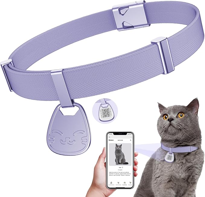 Cat Collar with QR Code Name Tag, Breakaway Kitten Collar for Boy & Girl Cats, Ultra Soft Elastic Adjustable Band, Safety Break Away Buckle, Comfortable & Secure Pet ID Collar (6"-12"), Purple