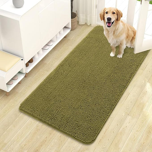 OLANLY Dog Door Mat for Muddy Paws 44x24, Absorbs Moisture and Dirt, Absorbent Non-Slip Washable Doormat, Quick Dry Chenille Mud Mat, Entry Indoor Entryway Carpet for Inside Floor, Willow Green
