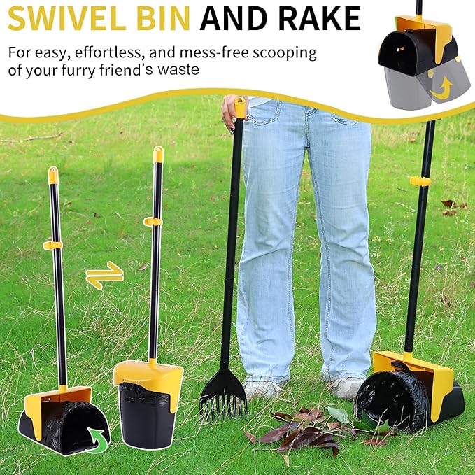 Pooper Scooper Large Swivel Bin & Rake with 160 Waste Bags,Heavy Duty Dog Pooper Scooper with Bag Attachment for Large Small Dogs, Long Handle Poop Scooper with Lid for Yard, Grass, Gravel (Yellow)