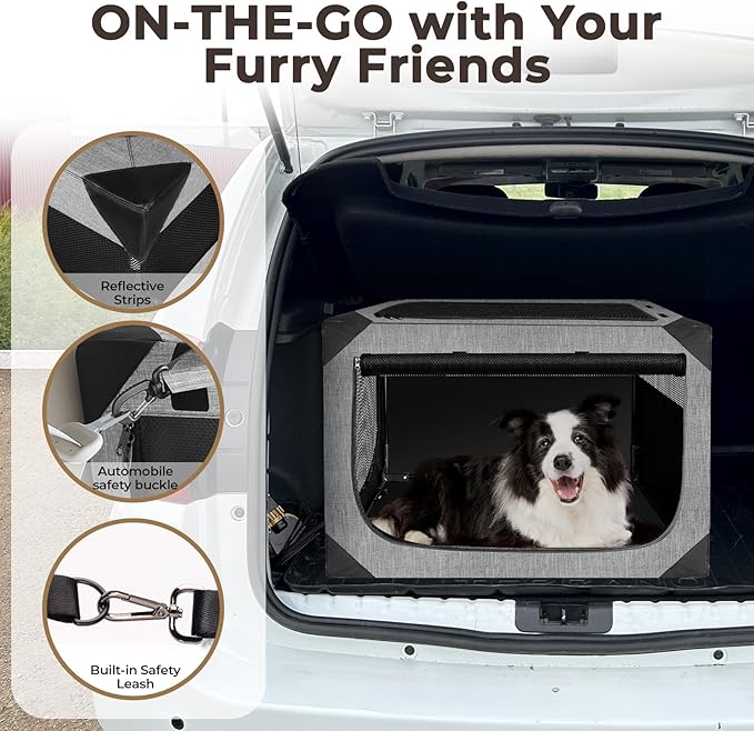 Dog Crate, Collapsible Soft Travel Crate for Large Dogs (3 Year Warranty), Indoor & Outdoor Portable Pet Kennel with Chew-Proof Mesh Window (Dark Gray, 30" L x 21" W x 21" H)