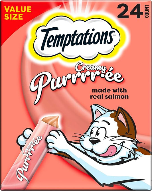 Temptations Creamy Puree Squeezable Lickable Wet Cat Treats with Salmon, 0.42 oz. Tubes, 24 Count
