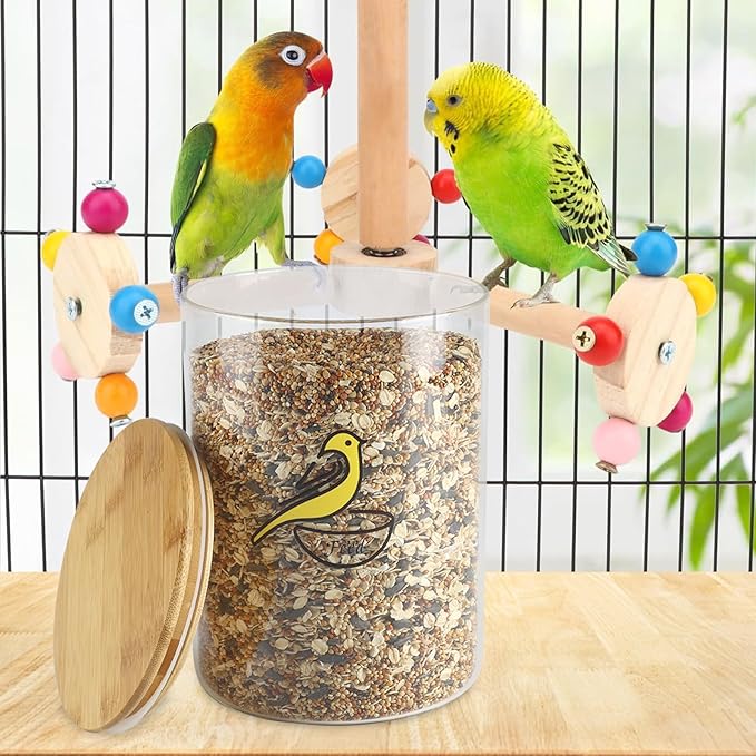 Bird Seed Storage Container,Circle Glass Bird Food Container with Airtight Wood Lid,Pet Food Storing with Birds Seed Scoop,for Wild Small Birds Food Storage,Birdfeed,Nuts(Clear)