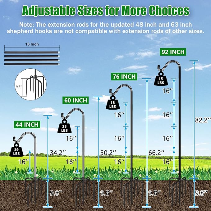 FEED GARDEN 92 Inch Adjustable Outdoor Shepherds Hook Bird Feeder Pole with 7 Prongs Base, Premium Steel Heavy Duty Tall Shepards Hooks for Hanging Bird Feeders, Plant Basket, Lanterns, 1 Pack