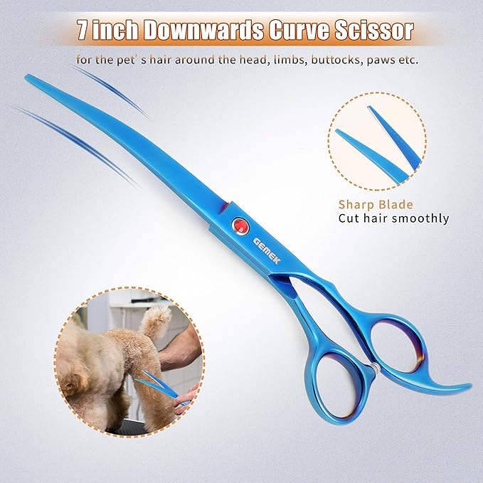 7.0in Titanium Professional Pet Grooming Scissors Set, GEMEK 6 in 1 Straight & Thinning & Upwards Curved & Downwards Curved Scissors & Comb for Dogs, Cats (Blue)