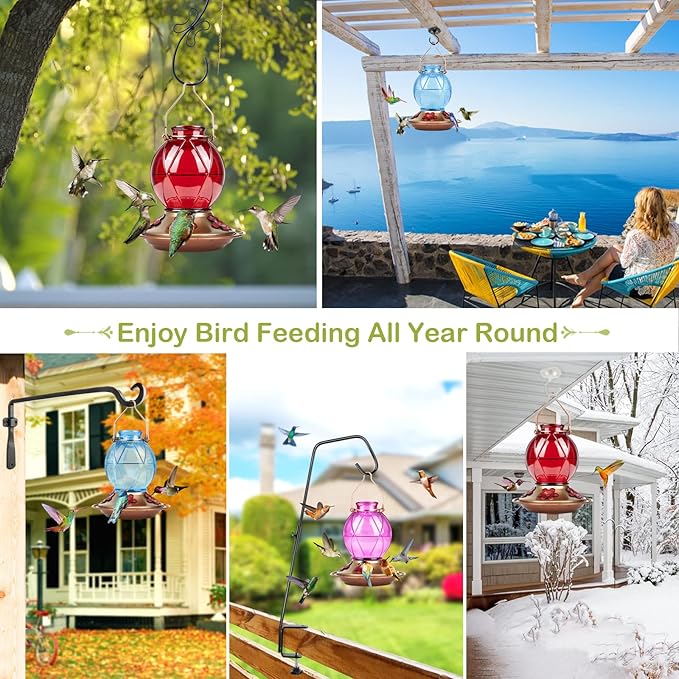 BOLITE Hummingbird Feeder, Glass Hummingbird Feeders for Outdoors, Netted Texture Ball Shape Bottle, 20 Ounces, Blue, Birthday Gifts for Women Men, Gifts for Mom Dad