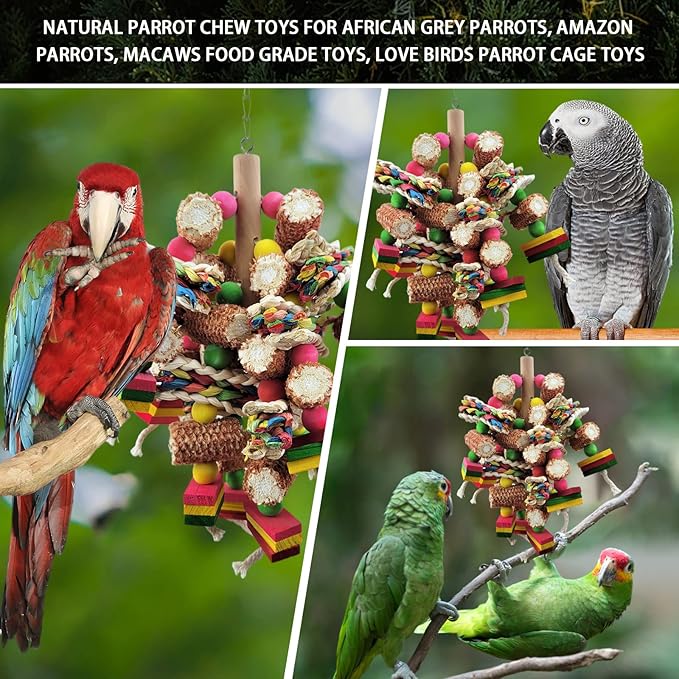 Bird Toys, Parrot Toys, Bird Toys Made of Natural Multi-Colored Wooden Blocks for African Grey Parrots, Amazon Parrots, Small and Medium-Sized Birds to Exercise Beak Strength
