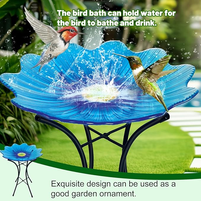HONGLAND Glass Birdbath with Metal Stand Outside Yard Garden Decor, 15" Diameter Detachable Glass Bird Baths Bowl for Outdoors, 21 inch Height (Blue Flower)