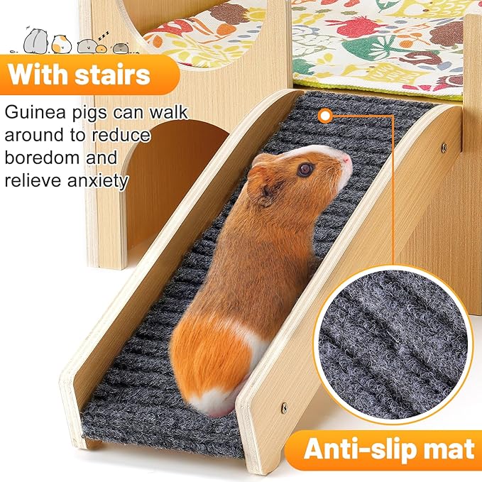 Upgraded Guinea Pig Castle, Sturdy Wooden Guinea Pig Hideout, Small Animal House Bed Hut Habitats with Stairs, Easy to Assemble for Hamsters Bunny Chinchillas Playing Hiding