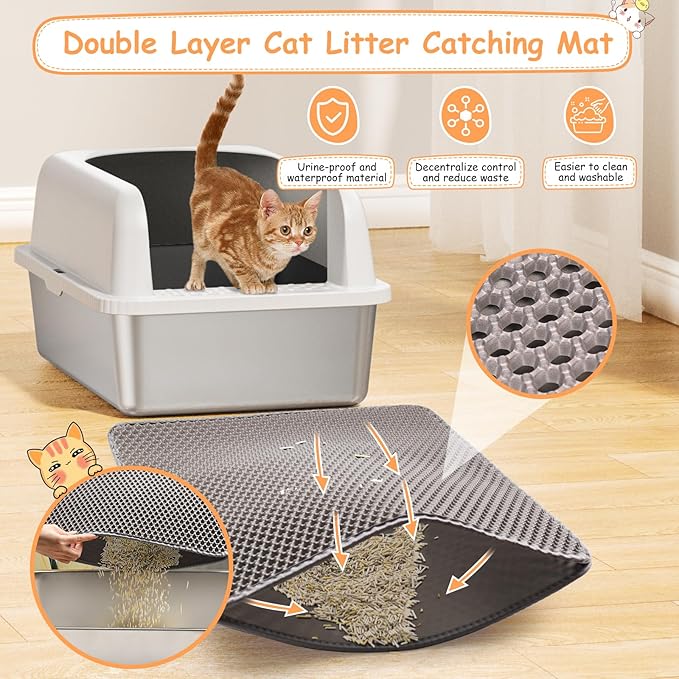2 Pack Stainless Steel Litter Box, 24'' XL Extra Large Cat Litter Box with Lid, Metal Litter Boxes for Multiple Cats, Anti-Leakage,Non-Stick, Easy to Clean, Included Cat Litter Mat, Scoop