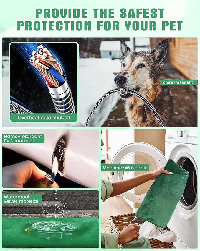 PETNF Outdoor Pet Heating Pad for Cats & Dogs, 100.4-107.6°F Auto Temp Control, Waterproof Fireproof, for Cat House/Dog Kennel/Carport, Fits Domestic & Stray Pets (Green 15.7"X27.6")