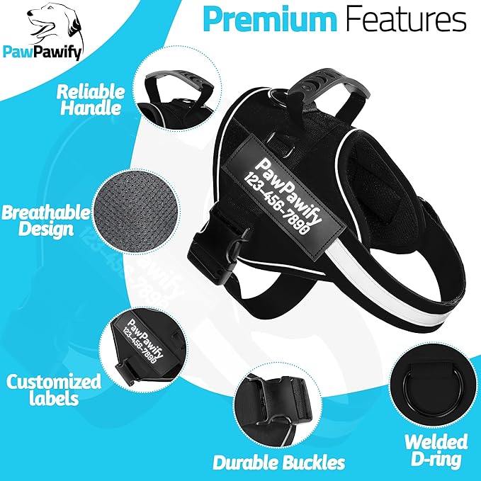 PawPawify Custom No Pull Dog Harness with Name and Phone Number, Heavy Duty Personalized Pet Vest to Prevent Tugging, Pulling, or Choking, Training and Walking (New Black, M (Chest 20-24in))
