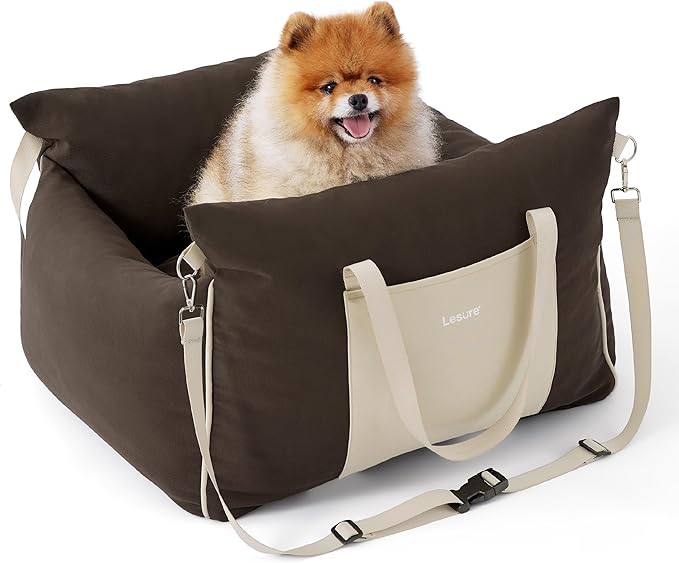 Lesure Small Dog Car Seat for Small Dogs - Soft Dog Booster Seat for Car with Storage Pocket and Clip-On Safety Leash and Thickened Memory Foam Filling, Pet Travel Carrier Bed Brown