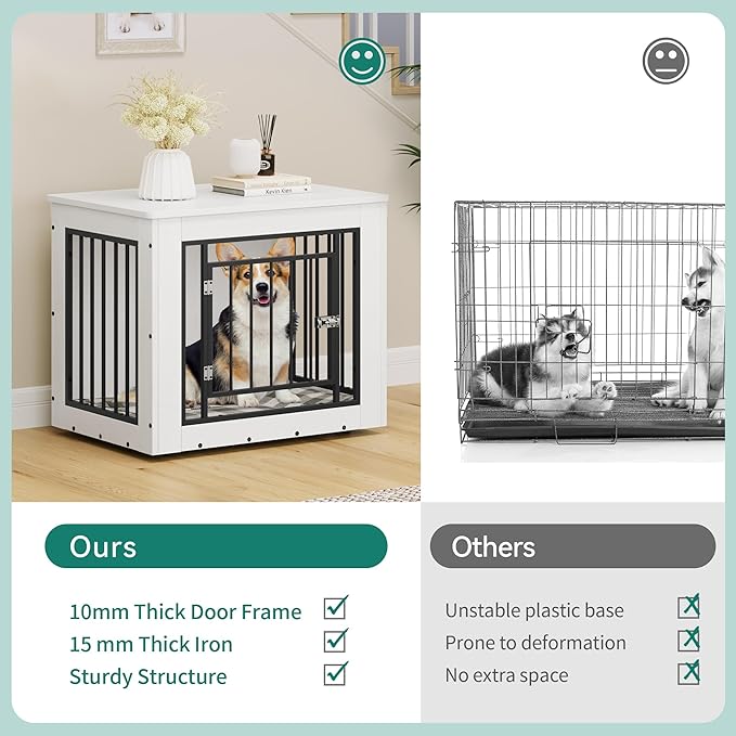 YITAHOME 30.1" L Dog Crate Furniture for Medium Dogs, 2-in-1 Iron-Wood Fusion Dog cage Indoor up to 35 lb, Side End Table, Modern Dogs Kennel with Waterproof Top, Safety Corners,Steel Lock,White
