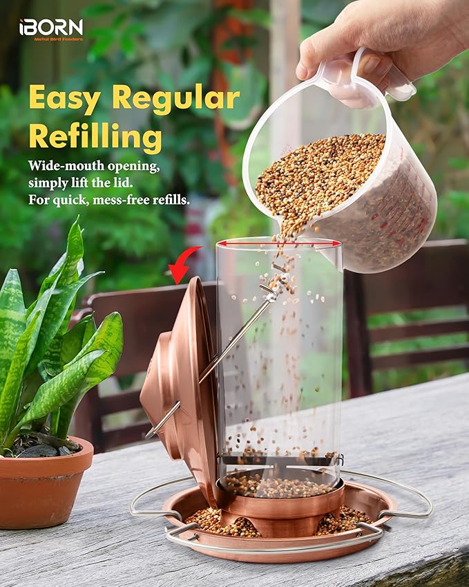 iBorn Bird Feeder Metal Squirrel Chew-Proof Bird Feeders for Outdoors Hanging Outside for Cardinal, Holds 1.5LB Seed with 3 Perchs, Brushed Copper (Seed is not Included)