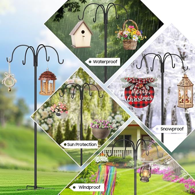 4-Hooks Shepherds Hooks for Outdoor,103'' Bird Feeder Pole with 5-Prong Base,Adjustable Bird House Stand Hanger for Garden Plant,Hummingbird Feeders, Lanterns, Wind Chime