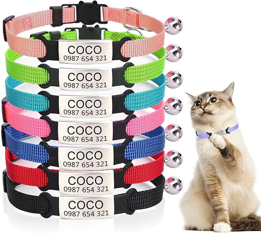 Personalized Kitten Cat Collar with Silent Slide On Silicone Name Tag | Adjustable and Durable Nylon Collar with Bell | Custom Laser Engraved Pet Name | Phone Number | Suitable for Kitten Cat