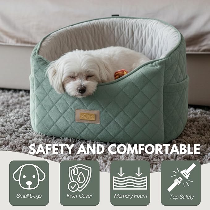 Premium 2-in-1 Dog Car Seat & Home Bed for Small Dogs – Premium Travel Pet Bed with Safety Straps, Stylish Design, Soft Plush Cushion & Secure Portable Comfort – Under 30lbs (Green)