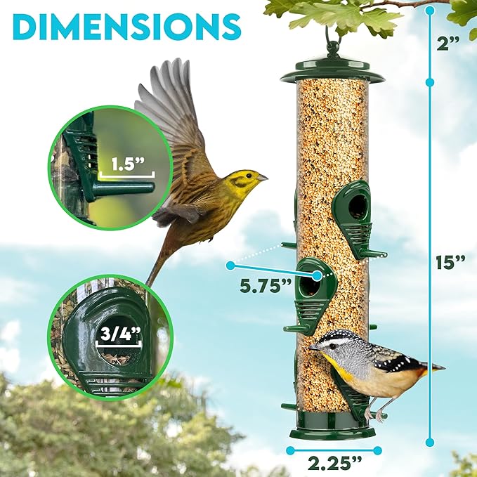 Bird Feeders for Outdoors (Green) Squirrel Proof Hanging Bird Feeder with Locking Lid & Adjustable Hanger, Chew-Proof, Weather Resistant 15 Inches 6 Port