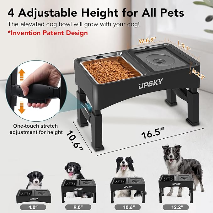 UPSKY 3-in-1 Elevated Dog Bowls Slow Feeder, Adjustable Stand, Stainless Steel Food & No Spill Pet Water Bowl for Small Medium Dogs