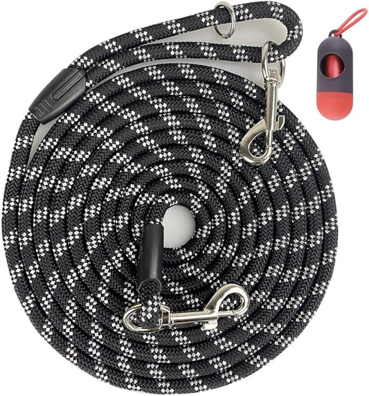 Long Rope Dog Leash for Dog Training 12FT 20FT 30FT 50FT, Reflective Threads Dog Cat Leashes Tie-Out Check Cord Recall Training Agility Lead for Large Medium Small Dogs (Black, 10mm*20ft)