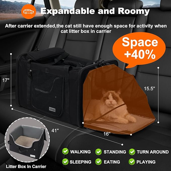 25''(L) x 17''(W) x 17''(H) Extra Large Expandable cat Carrier for car Travel,Soft Crate for 1 Large / 2 Medium Cats up to 35 lbs,Long Road Trip cage with a Leakproof Portable Litter Box