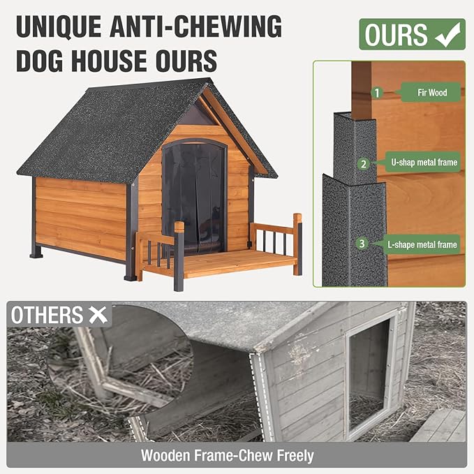 Large Dog House Outdoor Insulated Weatherproof Dog Kennel with Insulated Liner, Dog Shelter for Large Breed with Anti-Chewing Iron Fram and Porch (Brown, 50.9" D x 37.4" W x 37.2" H)