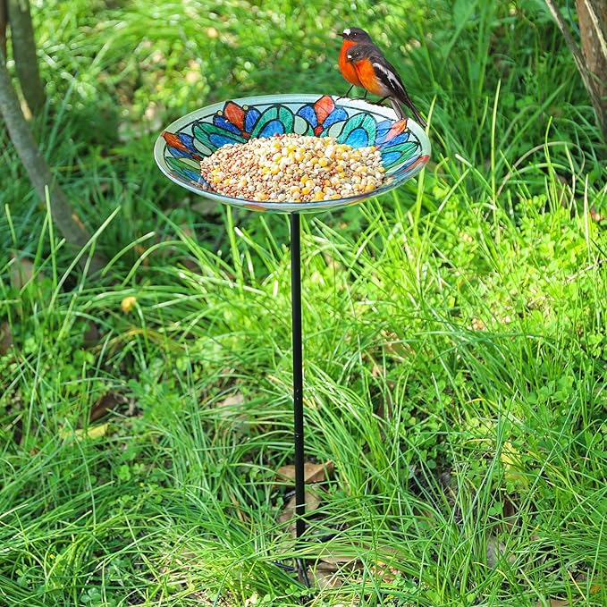 DREAM GARDEN Glass Bird Baths for Outdoors, Garden Birdbaths Birdfeeder 10" Dia Bowl with Metal Stake for Lawn Yard Decor, 24 Inch Height, Flower