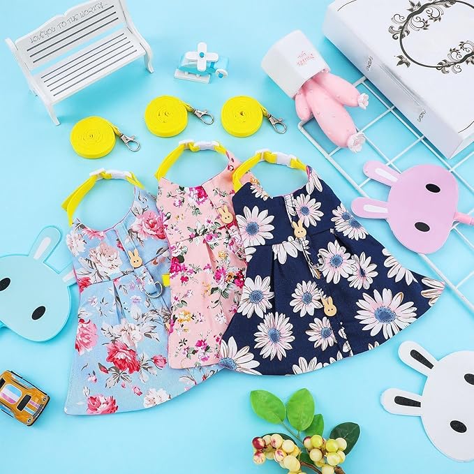 3 Sets Rabbit Bunny Harness and Leash, Cute Easter Bunny Clothes for Rabbits Dress Costume Walking Harness Escape Proof Pet Supply for Hedgehog Ferret Squirrel(Pink Flower, Blue Flower, Daisy)
