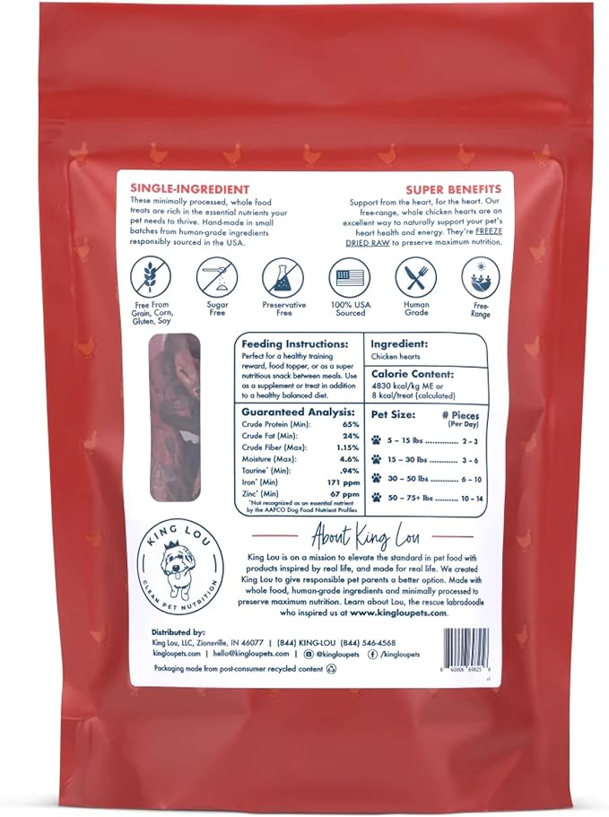 King Lou Pets - Whole Chicken Hearts for Dogs and Cats - Freeze Dried Cat Treats and Dog Treats - USA-Made Chicken Hearts - Taurine, Zinc, & Iron to Support Heart Health - Contains 50-60 Whole Hearts