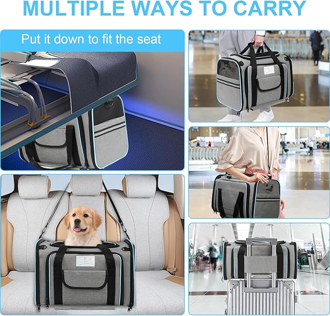 Pet Carrier Airline Approved, Expandable Pet Cat Carriers with Wheels for Dogs, Airline Approved Cat Dog Carrier, TSA Approved Pet Carrier In Cabin, Pet Dog Cat Carrier Soft, Cat Travel Carriers(Grey)