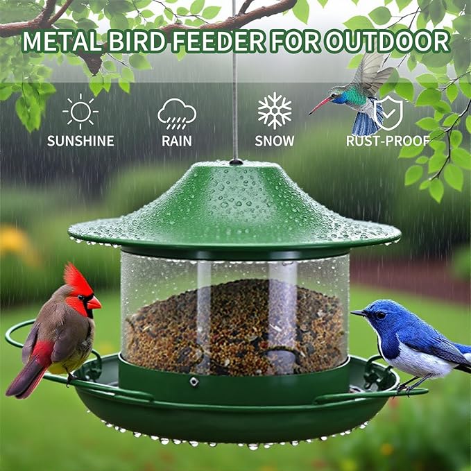 Metal Bird Feeder for Outdoors, Hanging Wild Bird Feeder with Spill-Proof Tray, All-Weather Outdoor Bird Feeder with Water-proof PVC Tube,Easy to Clean and Fill, 4.5Lb Capacity,Gifts for Outdoor Decor