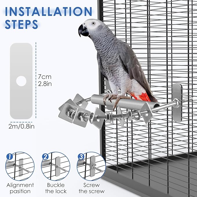 Bird Perch for Cage, Stainless Steel Parrot Perches with Metal Chew Toys, Bird Nail Trimming Cage Accessories for Cockatiels, Macaws, African Grey, Amazon Parrots