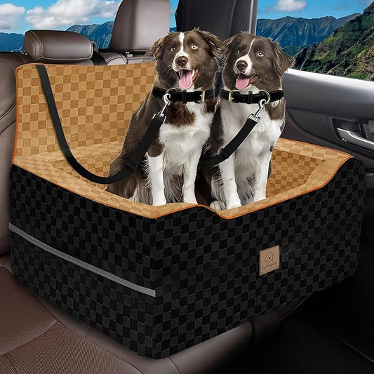 Large Dog Car Seat for Back Seat – Removable Dog Booster Seat & Washable Pet Car Seat for Medium & 2 Small Dogs up to 60lbs – Safety Straps & Storage Pocket – Travel & Home Use (Black/Brown)
