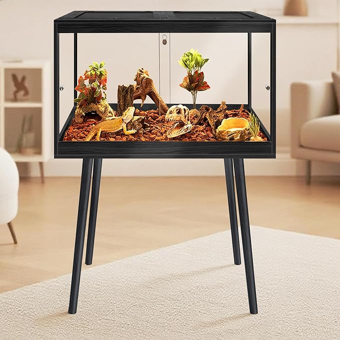 PROLEE Bearded Dragon Tank with Leg,Tempered Glass Lizard Tanks and Reptile Enclosure,Up to 78 Gallon Reptile Tank with Metal Mesh and Lockable Door for Snakes,Chameleon (Black, 24Gallons,24inch)