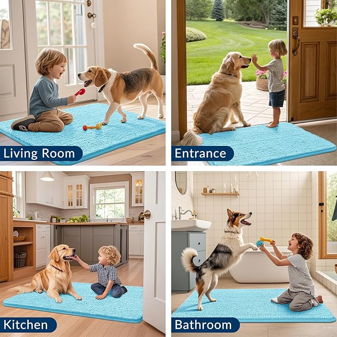 Smiry Dog Door Mat for Muddy Paws 36x24, Absorbs Moisture and Dirt Doormat, Non-Slip Washable Quick Dry Chenille Front Door Mat Indoor Entrance, Entryway Carpet for Inside Floor, Sky Blue