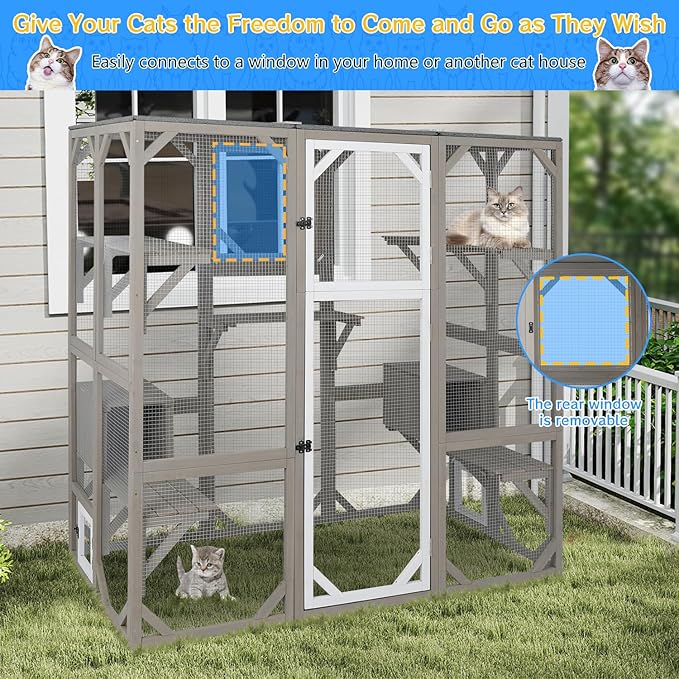 Catio Outdoor Cat Enclosure Cat House, Large Wooden Walk-in Cat Cage Condo Indoor Playpen with Multi Platforms, Flat Roof, and 2 Resting Box (Grey, 70.9" L x 36.5" W x 70.9" H)