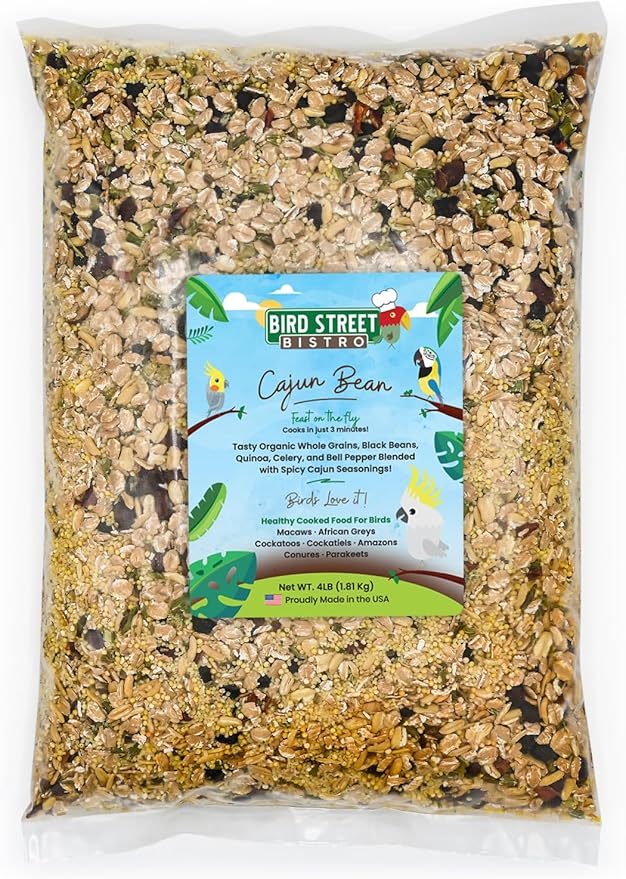 Parrot Parakeet Cockatiel Food - Bird Food - Cooks in 3-15 min with Natural & Organic Grains - Legumes - Non-GMO Fruits, Vegetables, & Health Orientated Spices (4.00 Pound (Pack of 1), Cajun Bean)