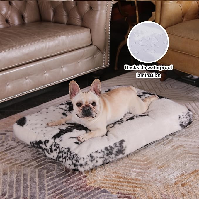 Bedfolks Waterproof Crate Bed, Plush With Removable Washable Cover, Faux Fur Pad for Large Dogs, Fluffy Kennel 35"x23", Black-White Cowhide