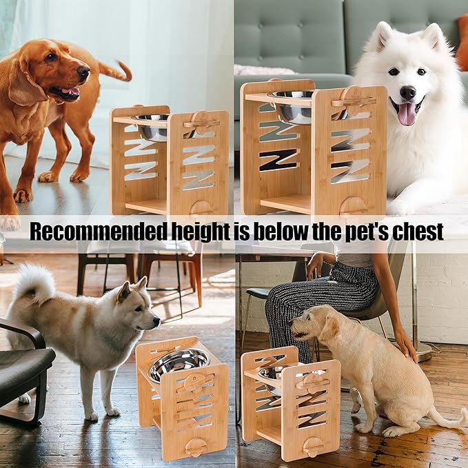 Elevated Dog Bowls, 9 Heights Adjustable Raised Dog Bowl 4.7″-11.8″, with Food Grade 304 Stainless Steel 51 OZ, Bamboo Dog Bowl Stand for Medium and Large Dogs, 1 Pack