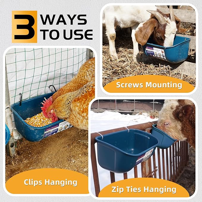 Goovilla Chicken Feeder Waterer, Hanging or Screw-in Fence Feeders with Clips, 2 Pack 5 Quart Goat Feeding Supplies, Duck Piglet Sheeple Coop Dog Livestock Poultry Plastic Feeder Trough Bucket, Blue