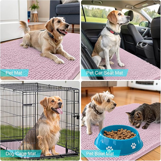 OLANLY Dog Door Mat for Muddy Paws 47x20, Absorbs Moisture and Dirt, Absorbent Non-Slip Washable Doormat, Quick Dry Chenille Mud Mat for Dogs, Entry Indoor Entryway Carpet for Inside Floor, Dusty Rose