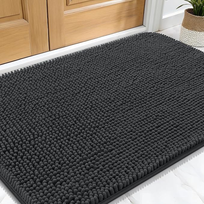 OLANLY Dog Door Mat for Muddy Paws 30x20, Absorbs Moisture and Dirt, Absorbent Non-Slip Washable Doormat, Quick Dry Chenille Mud Mat for Dogs, Entry Indoor Entryway Carpet for Inside Floor, Dark Grey