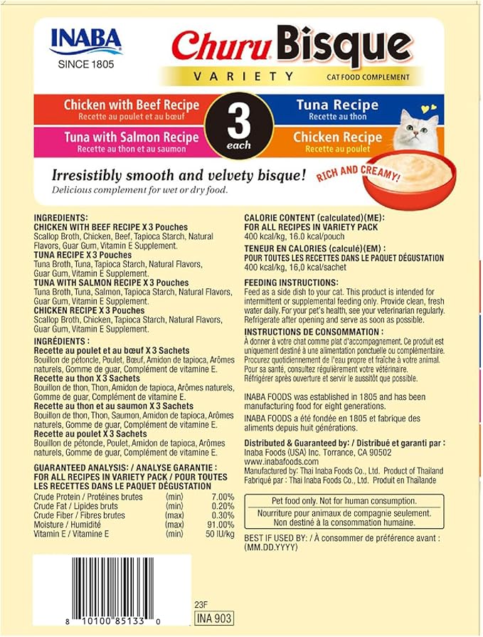 INABA Churu Bisque for Cats, Creamy Lickable Purée Side Dish with Vitamin E, 1.4 Ounces per Pouch, 12 Pouches, Tuna & Chicken Variety