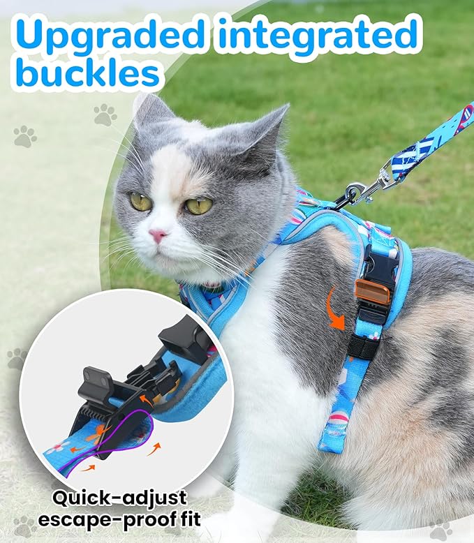 Halypet Cat Harness and Leash Set for Walking, Escape Proof Adjustable Vest Harness with 3-in-1 Integrated Buckles, Easy Control Soft Breathable Mesh with Reflective Strips for Cats, XS, Ocean Blue