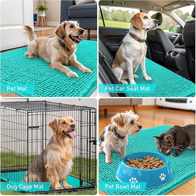 OLANLY Dog Door Mat for Muddy Paws 59x20, Absorbs Moisture and Dirt, Absorbent Non-Slip Washable Doormat, Quick Dry Chenille Mud Mat for Dogs, Entry Indoor Entryway Carpet for Inside Floor, Teal